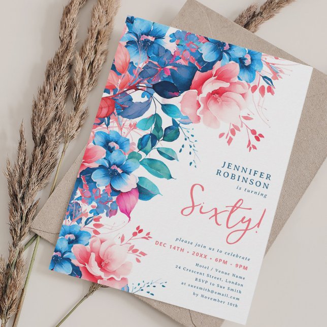 Invitation Aquarelle vive Florale 60e anniversaire (Bright Watercolor Floral 60th Birthday Invitation)