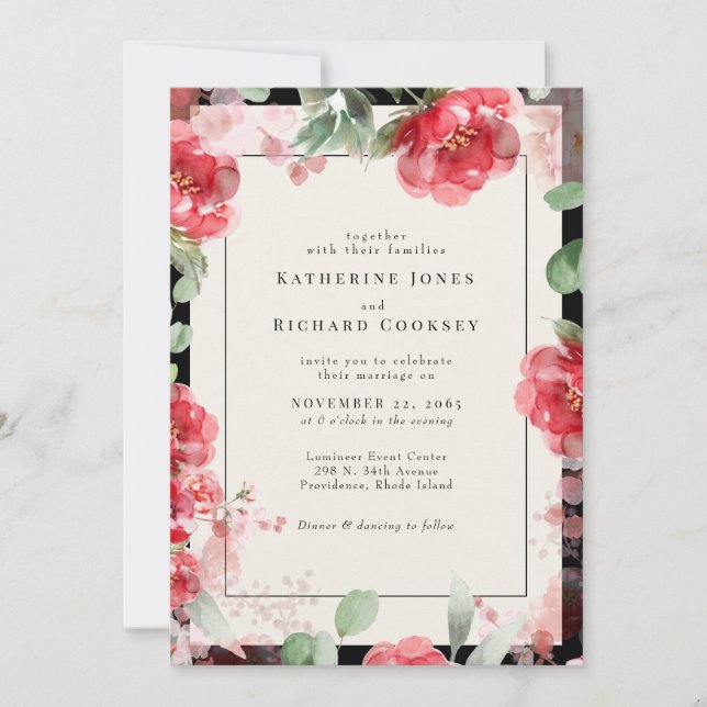 Invitation Aquarelle vive Rouge & Blush Floral Mariage (Devant)