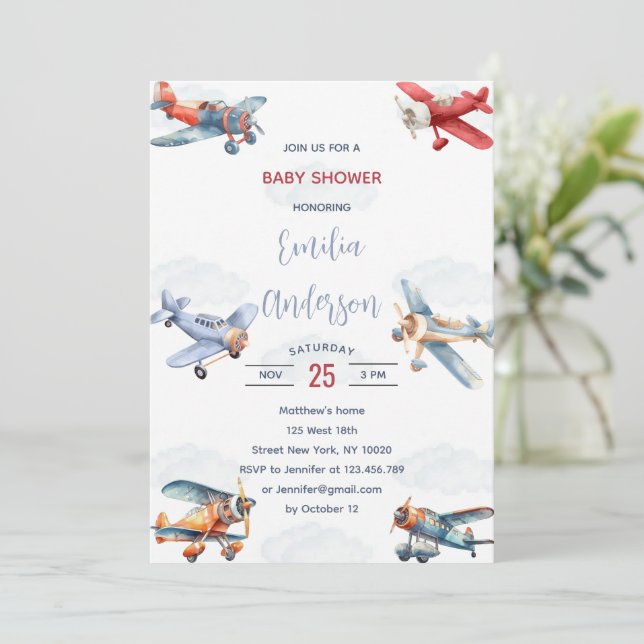 Invitation Aquarelle Voyage avion nuages Baby shower (Debout devant)