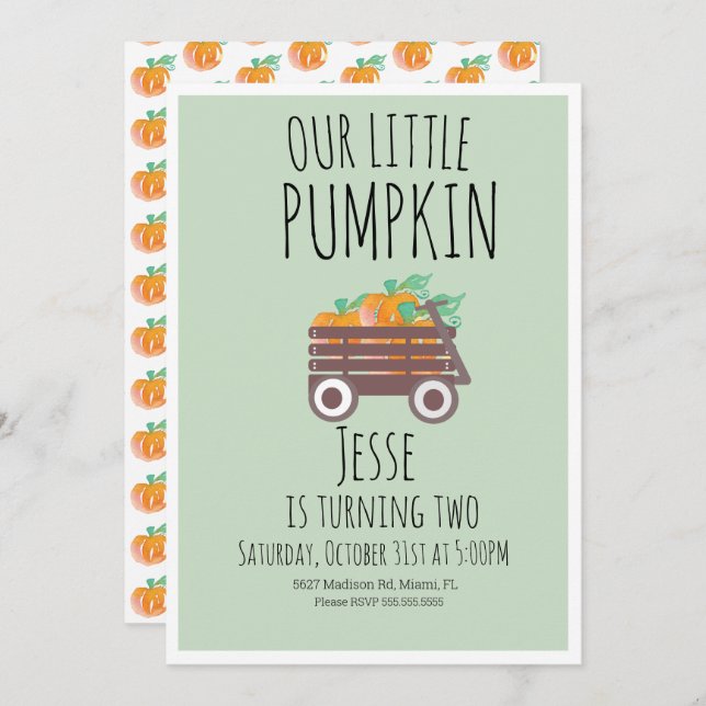 Invitation Aquarelle Wagon moderne Little Halloween Citrouill (Devant / Derrière)