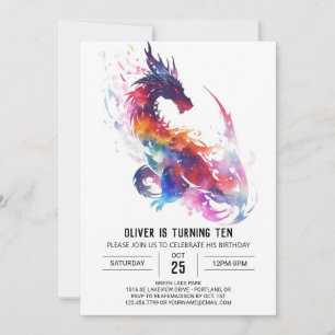 Invitation Aquarelle Whimsal Enfants Dragon Anniversaire