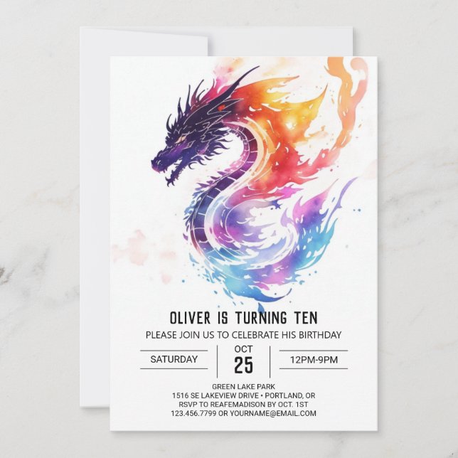 Invitation Aquarelle Whimsal Enfants Dragon Anniversaire (Devant)