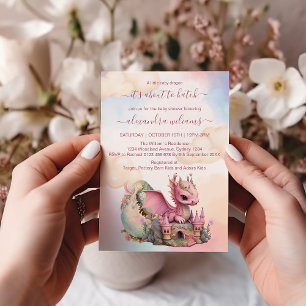 Invitation Aquarelle Whimsical Baby shower de dragon rose