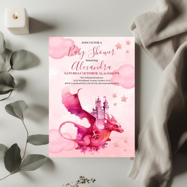 Invitation Aquarelle Whimsical Baby shower de dragon rose (Créateur téléchargé)