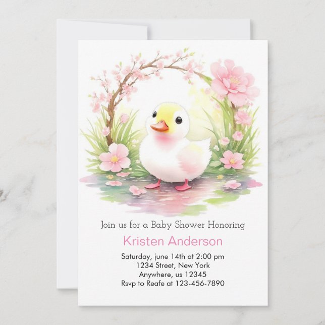 Invitation Aquarelle Whimsical Baby shower de fille de canard (Devant)