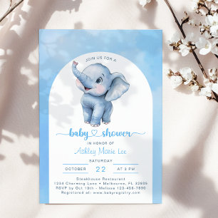 Invitation Aquarelle Whimsical Elephant Baby shower bleu