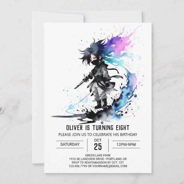 Invitation Aquarelle Whimsical Ninja Boy Digital Anniversaire (Devant)