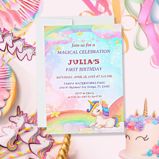 Invitation Aquarelle Whimsical Rainbow Unicorn Anniversaire