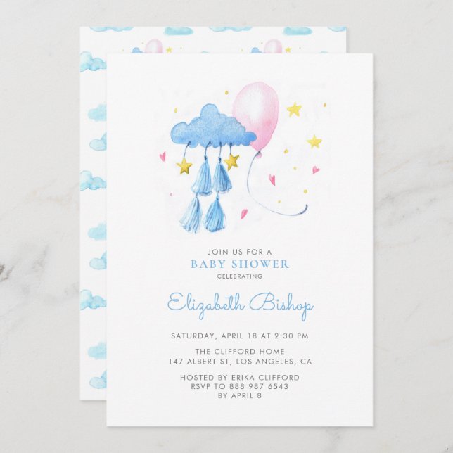 Invitation Aquarelle Whimsical Sky mignonne Baby shower (Devant / Derrière)
