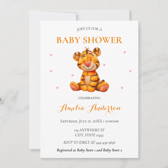 Invitation Aquarelle Whimsical Tiger Plush Baby shower (Devant)