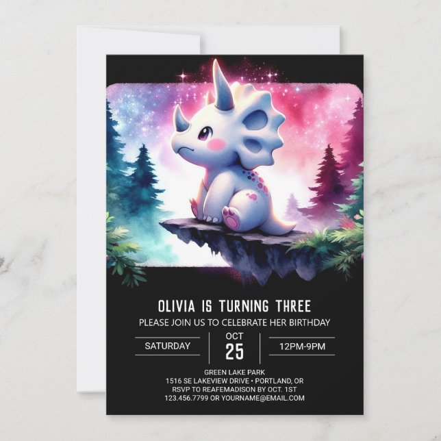 Invitation Aquarelle Whimsical Triceratops Anniversaire (Devant)