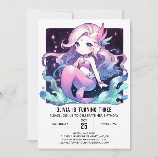 Invitation Aquarelle Whimsy Mermaid Anniversaire (Devant)
