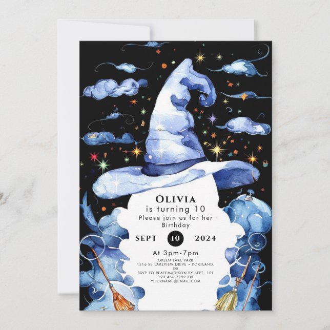 Invitation Aquarelle Whimsy Wand Wizard Anniversaire (Devant)