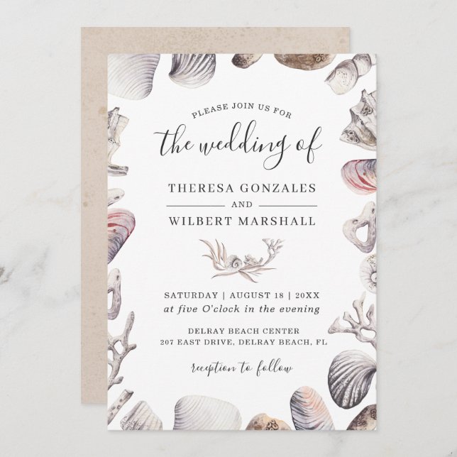 Invitation Aquarelle White Sea Shell Beach Sand Mariage (Devant / Derrière)