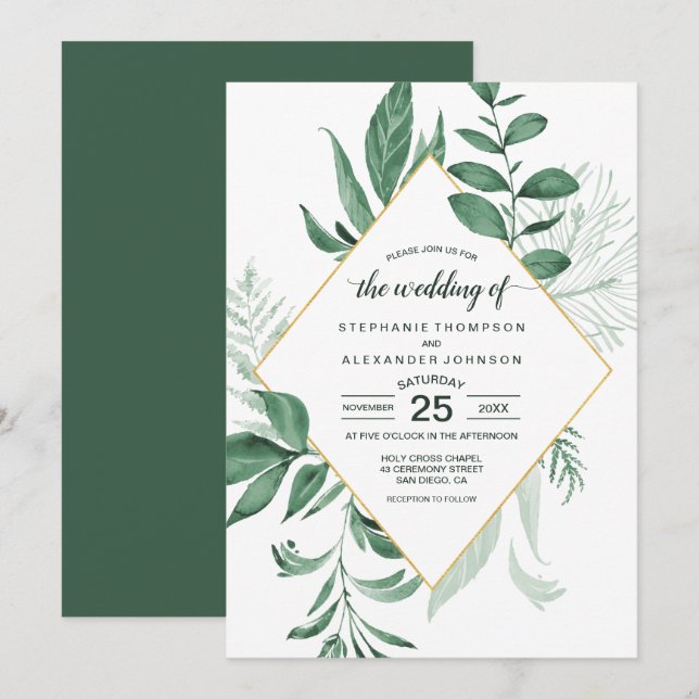 Invitation Aquarelle Wild Feuilles Hunter Mariage vert (Devant / Derrière)
