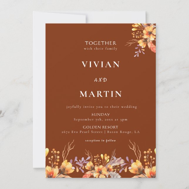 Invitation Aquarelle Wild Floral Terracotta Mariage (Devant)