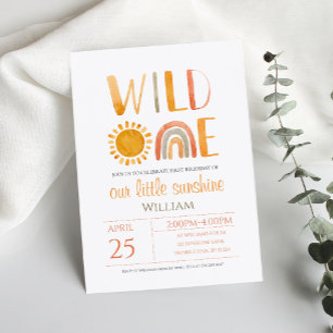 Invitation Aquarelle Wild One 1er anniversaire Rainbow et Sun