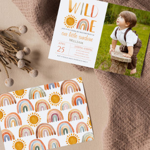 Invitation Aquarelle Wild One 1er anniversaire Rainbow et Sun