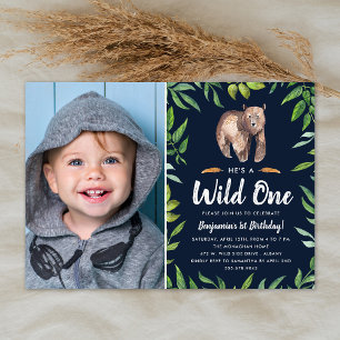 Invitation Aquarelle Wild One   Photo fête d'anniversaire   M