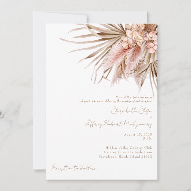 Invitation Aquarelle Wispy Pampas Mariage (Devant)