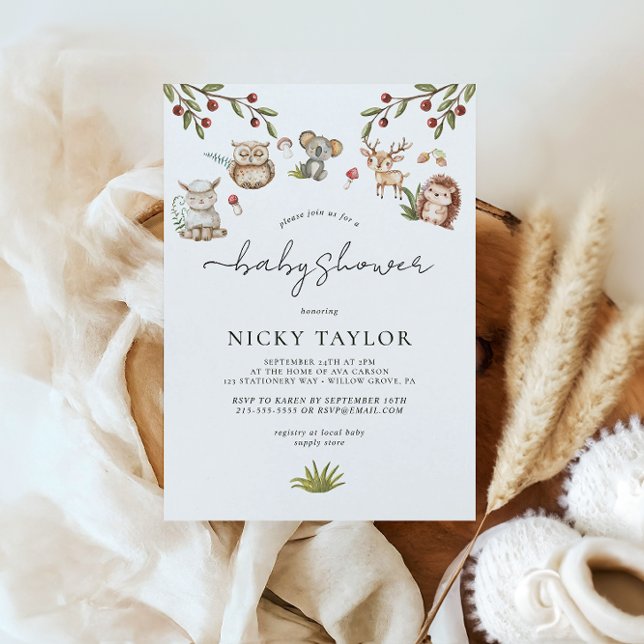 Invitation Aquarelle Woodland Cute Baby shower animal (Créateur téléchargé)