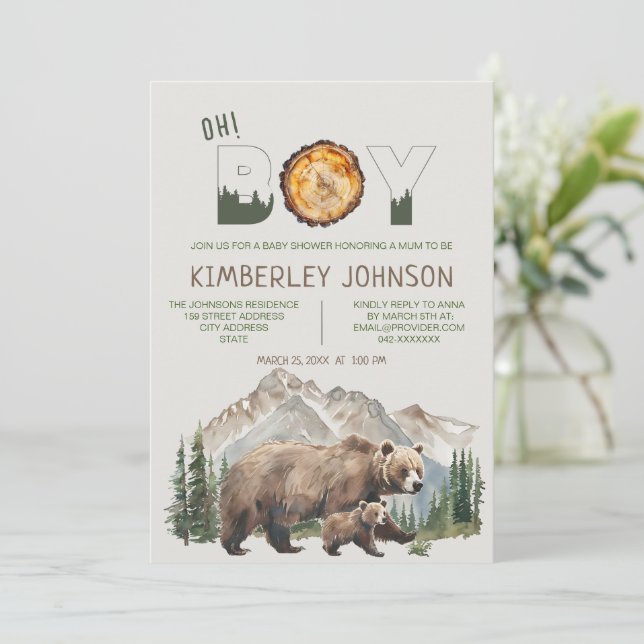 Invitation Aquarelle Woodland Oh Boy Bear Baby shower (Debout devant)
