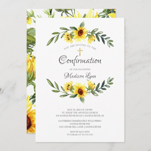 Invitation Aquarelle Yellow Sunflowers Confirmation (Devant / Derrière)