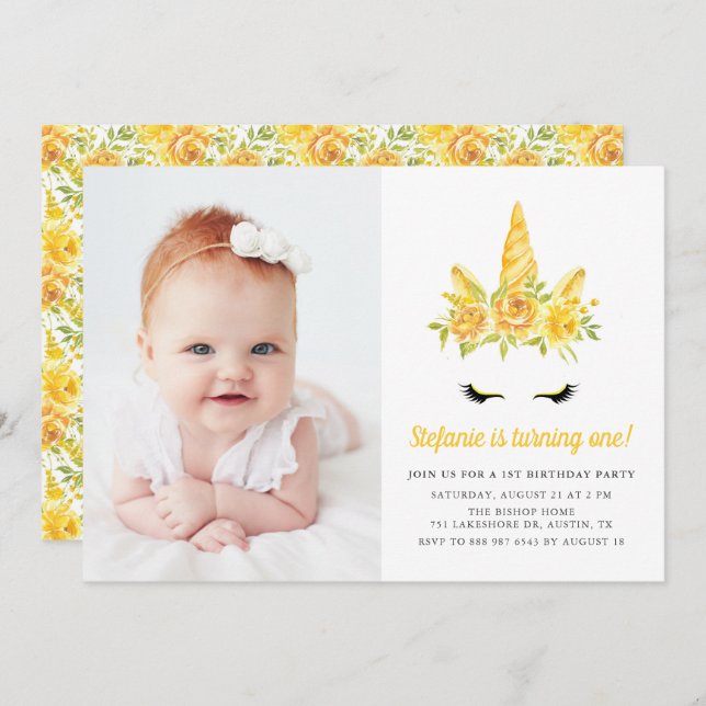 Invitation Aquarelle Yellow Unicorn Floral Premier anniversai (Devant / Derrière)