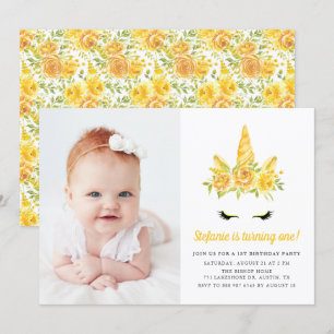 Invitation Aquarelle Yellow Unicorn Floral Premier anniversai