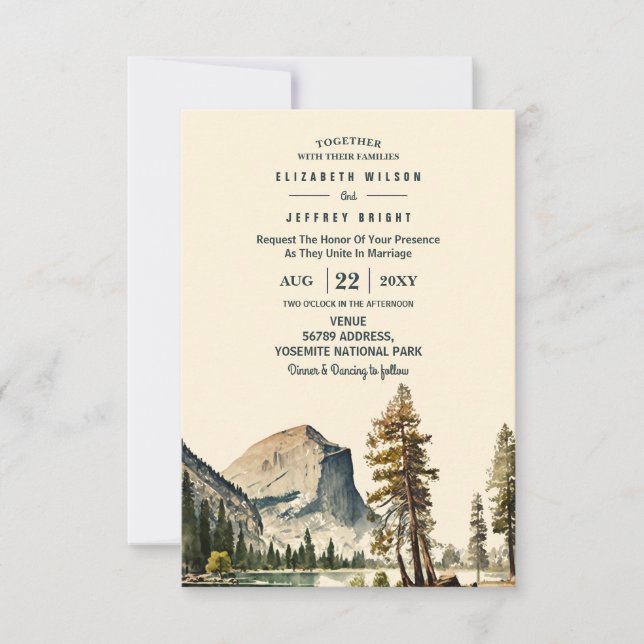 Invitation Aquarelle Yosemite Parc National Mariage Ca US (Devant)