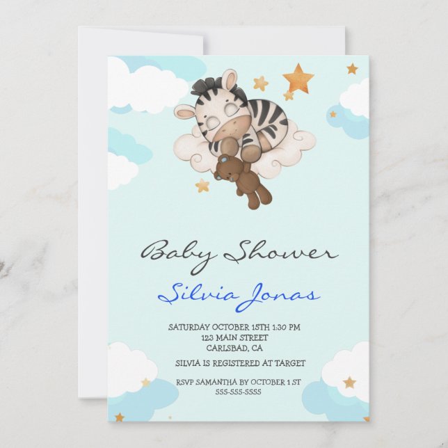 Invitation Aquarelle zèbre jungle animal baby shower Garçon (Devant)