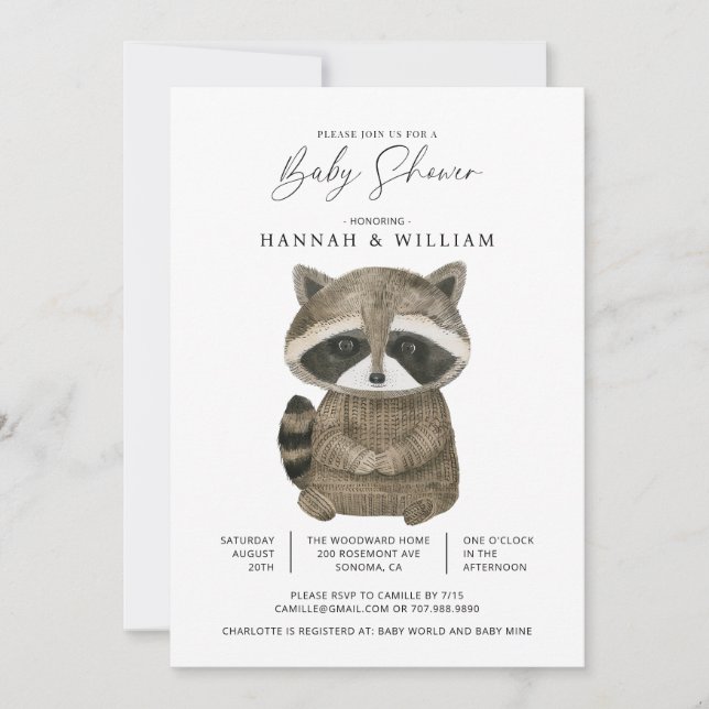 Invitation AquarelleBaby shower du raton laveur animal Woodla (Devant)