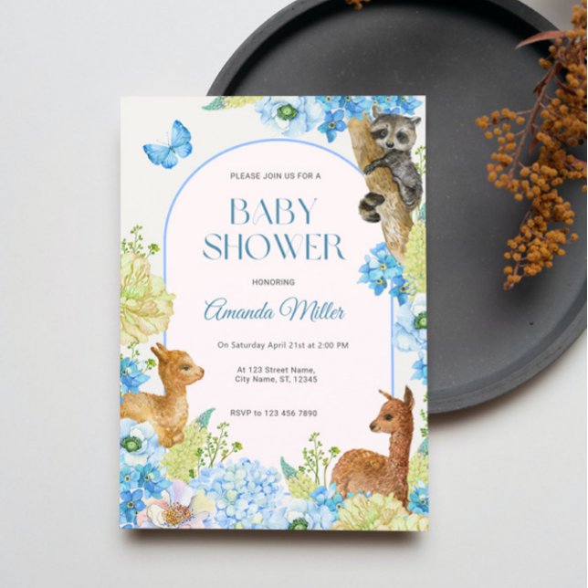 Invitation Aquarelles bleues Beaux Animaux Fleurs Baby shower (Créateur téléchargé)