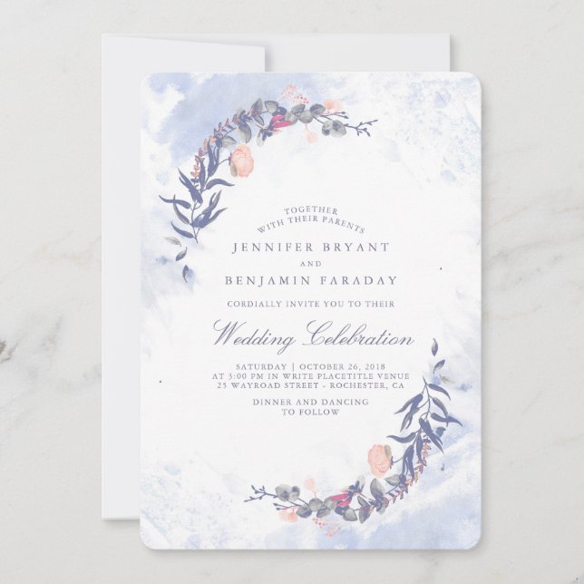 Invitation Aquarelles bleues et bleues - Floral Mariage (Devant)