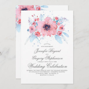 Invitation Aquarelles bleues et roses Mariage floral