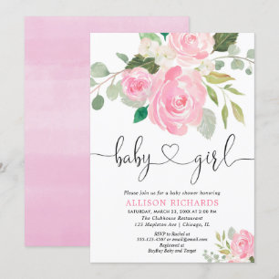 Invitation Aquarelles fleuries de baby shower de fille rose p