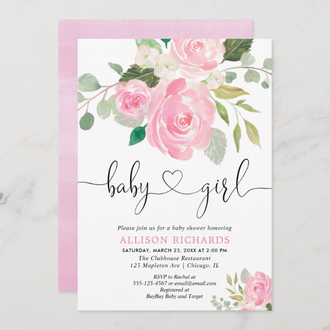 Invitation Aquarelles florales baby showers filles rose pâle (Devant / Derrière)