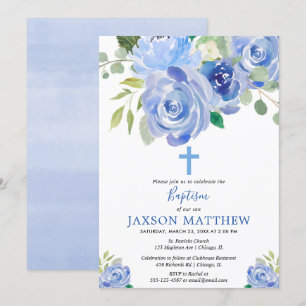 Invitation Aquarelles florales bleues de la marine garçon bap