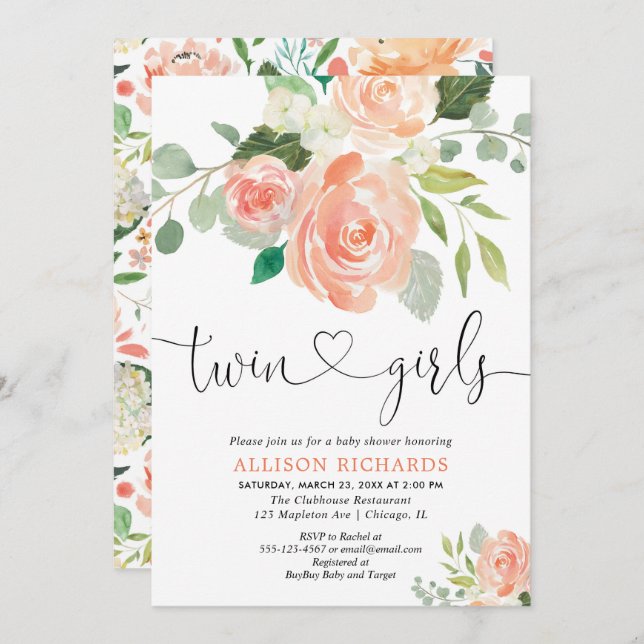 Invitation Aquarelles florales de baby shower jumeau de (Devant / Derrière)