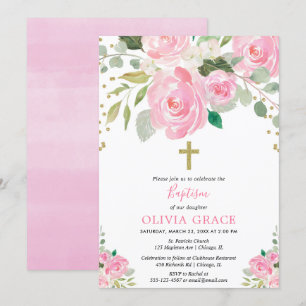Invitation Aquarelles florales d'or rose vif baptême fille