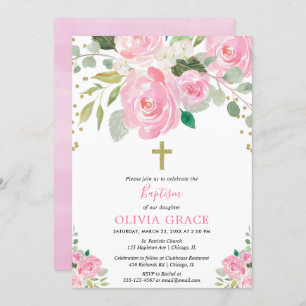 Invitation Aquarelles florales d'or rose vif fille de baptême