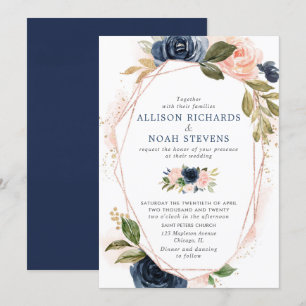 Invitation Aquarelles florales modernes en or bleu marine mar