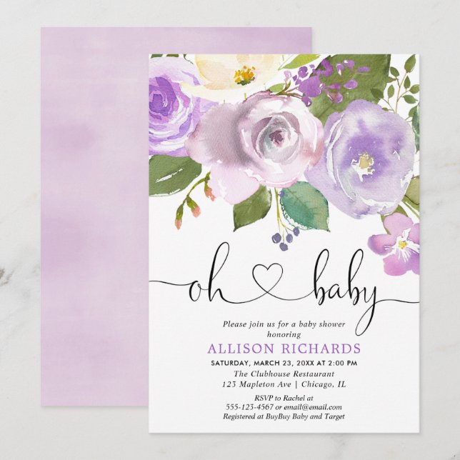 Invitation Aquarelles florales violet baby shower fille (Devant / Derrière)