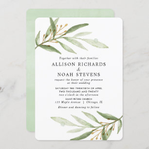 Invitation Aquarelles vertes or vert feuille mariage