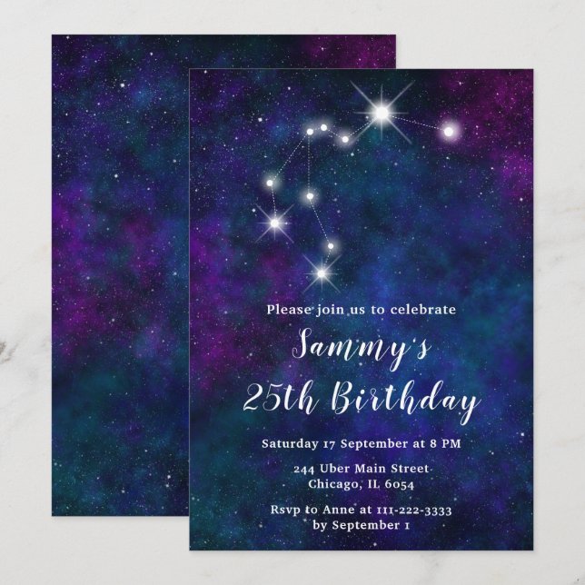 Invitation Aquarius Zodiac Constellation fête d'anniversaire (Devant / Derrière)
