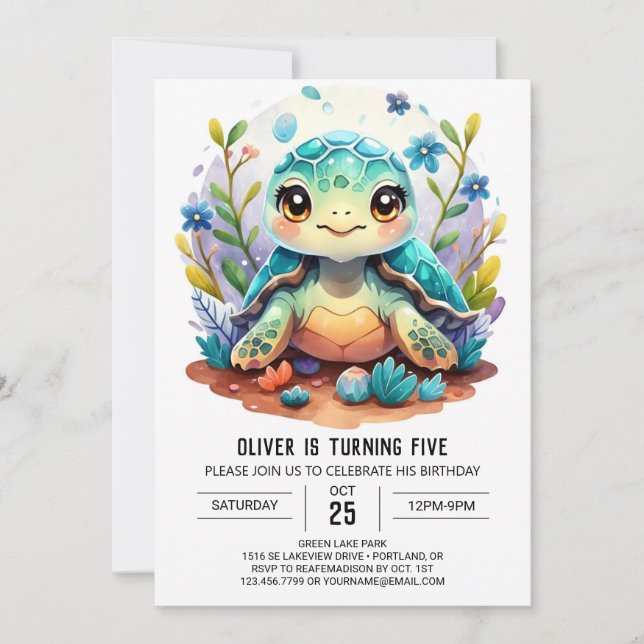 Invitation Aquatic Digital Whimsy Turtle Boy Anniversaire (Devant)