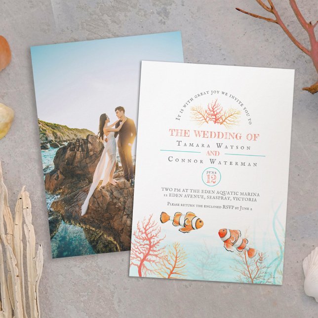 Invitation Aquatic mariage corail clown poisson aquarelle pho (Créateur téléchargé)