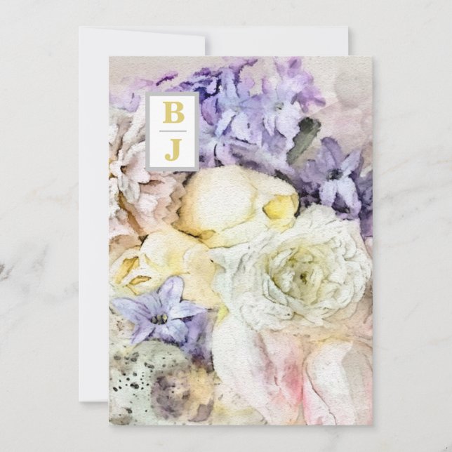 Invitation *~ AR26 Bouquet Initiales Pays RSVP QR Mariage (Devant)