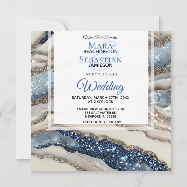 Invitation *~* AR66 BLUE IVORY SILVER Agate RSVP QR Mariage (Devant)