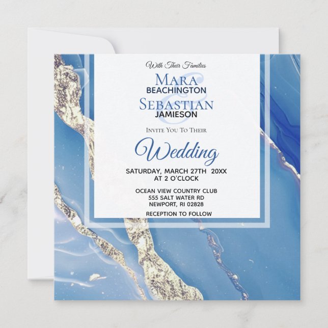 Invitation *~* AR66 Gold Powder BLue Agate RSVP QR Mariage (Devant)
